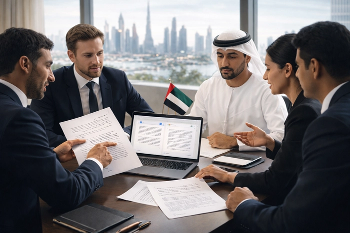 Professional translation company in Dubai providing certified document translation in a modern office environment.