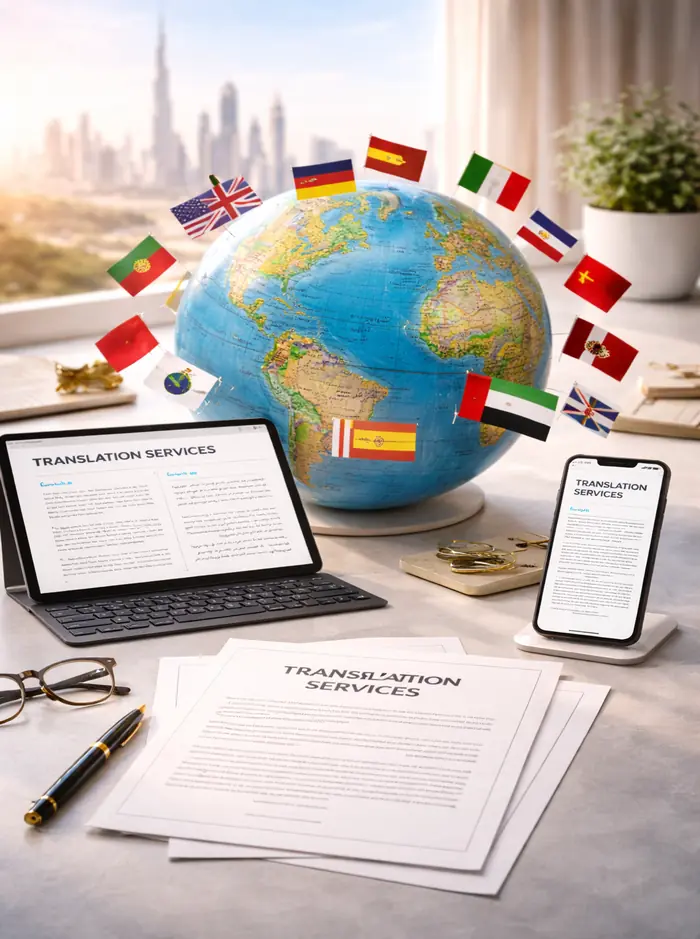 Professional translation services in Dubai with certified translators handling business and legal documents in office