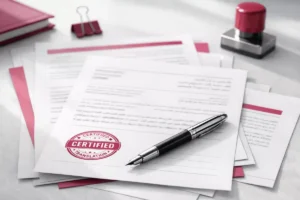 Certified multilingual translation documents in Arabic and English arranged on a desk for professional translation services in Dubai
