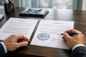 Professional translator reviewing certified Arabic–English legal documents at a modern office desk in Dubai, with official translation stamp visible.