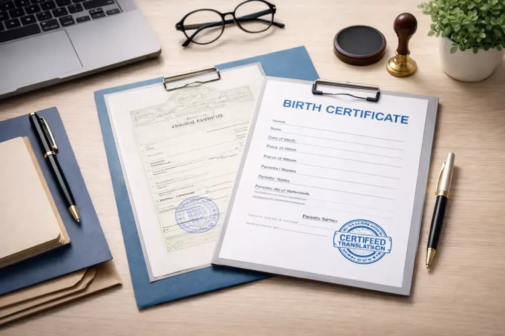 Birth certificate translation to English with certified translation stamp on desk