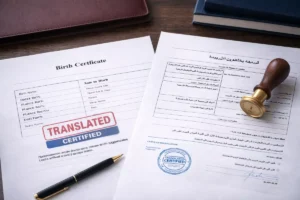 Certified translator reviewing official documents for accurate translation