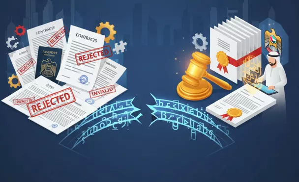 nfographic showing rejected legal documents with red stamps next to certified UAE court-approved translations and a legal gavel, featuring Rightway Translation branding