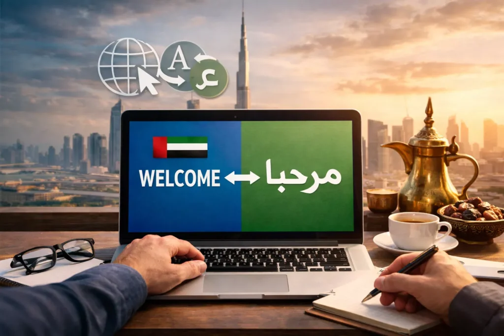 Workspace showing a laptop with Arabic and English website translation, Dubai skyline in the background, with a coffee cup, notebook, dates, and a brass Arabic coffee pot.