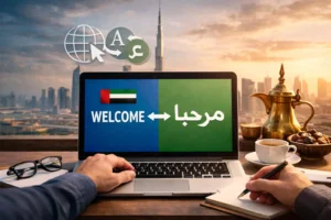 Workspace showing a laptop with Arabic and English website translation, Dubai skyline in the background, with a coffee cup, notebook, dates, and a brass Arabic coffee pot.