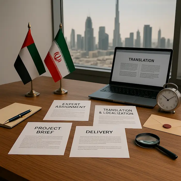 Certified Persian translation documents with official paperwork in Dubai office