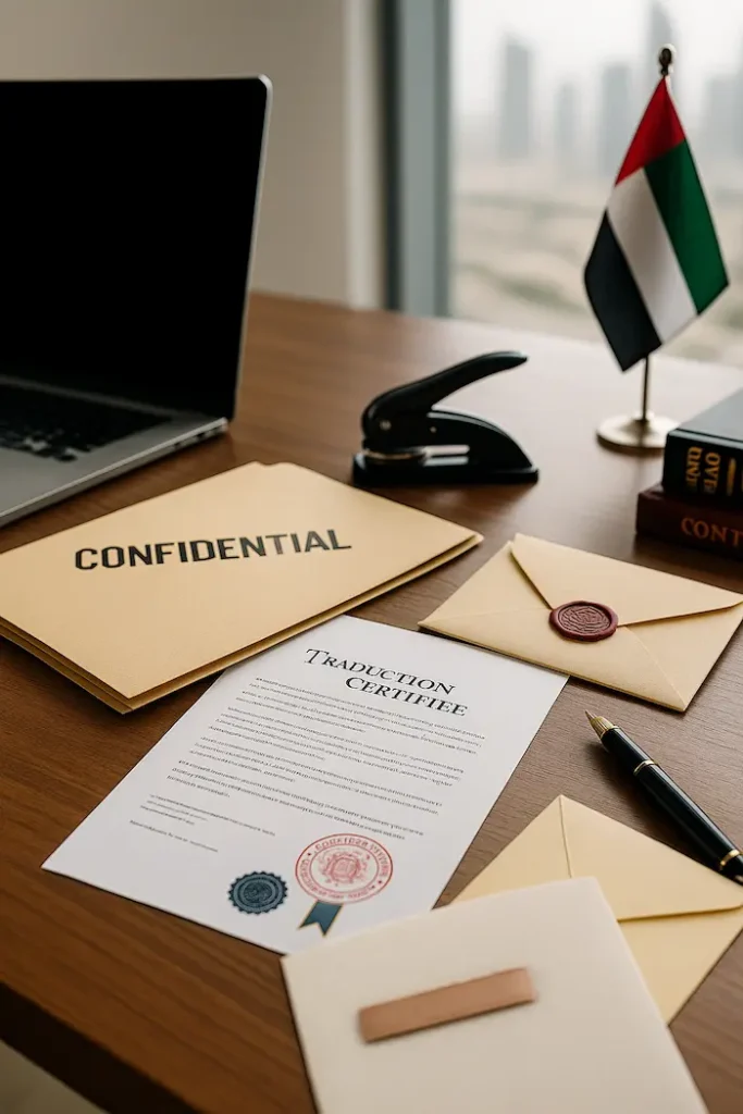 Commercial document translation UAE with professional translator reviewing business papers in modern office setting