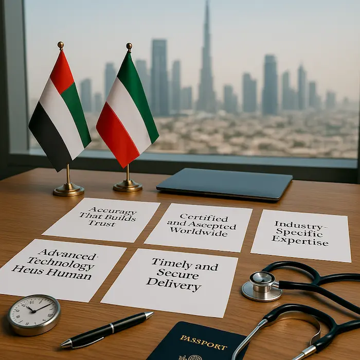 Professional Farsi translation documents with translator workspace in Dubai office