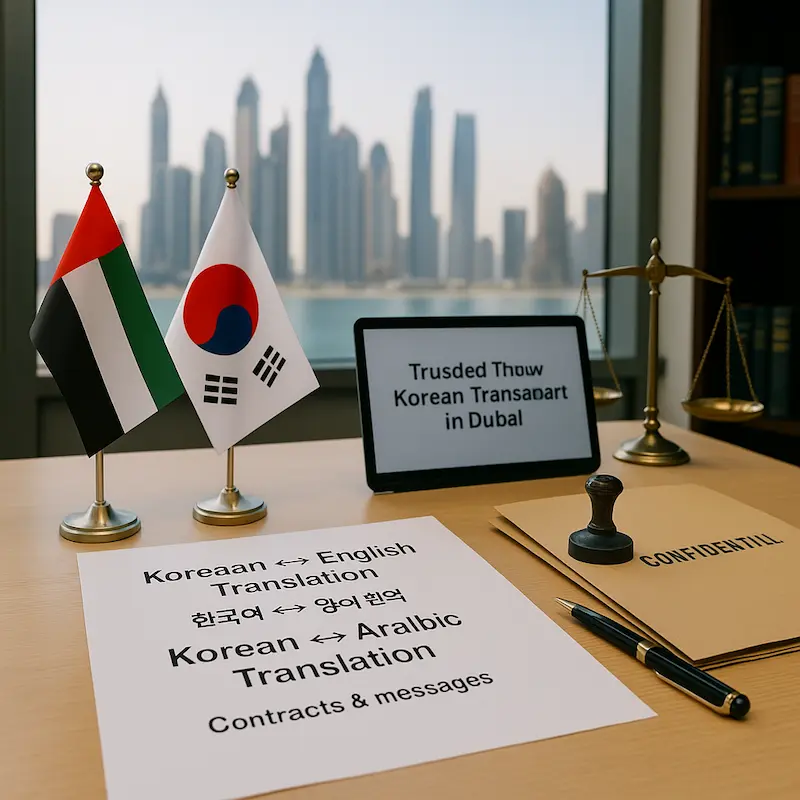 Professional Korean language document translation service in Dubai office setting