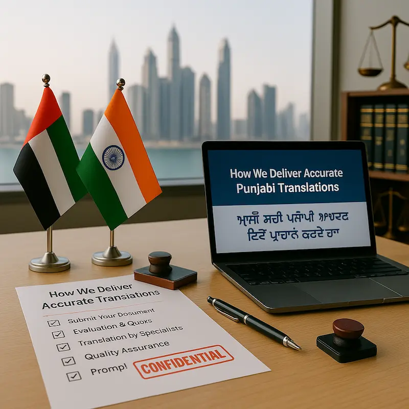 Legal Punjabi translation documents with official paperwork in a Dubai office