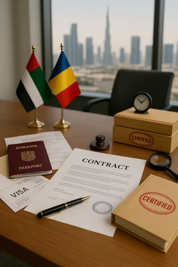 Legal Romanian translation documents with official paperwork in a Dubai office
