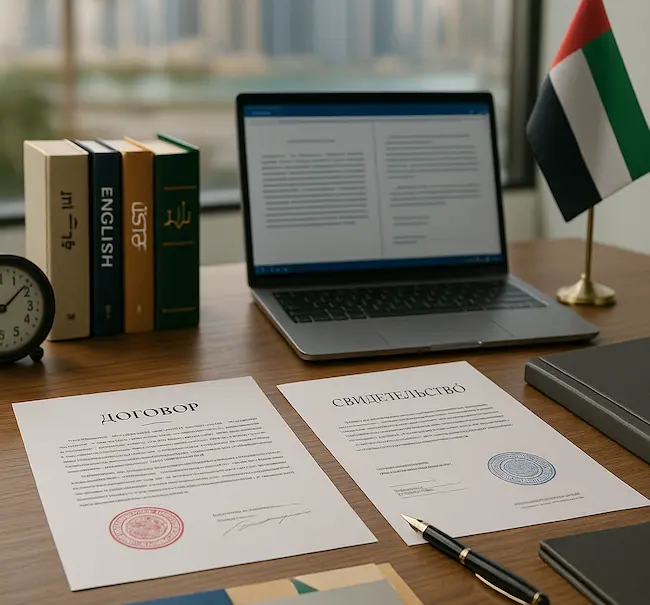 Legal Russian translation documents with official paperwork in a Dubai office