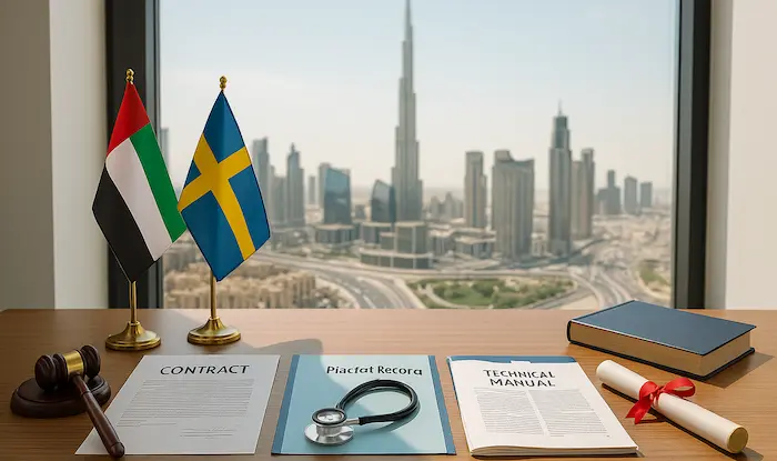 Legal Swedish translation documents with official paperwork in a Dubai office