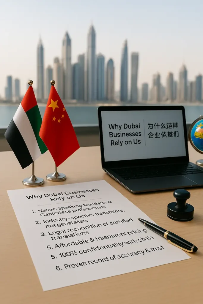 Multilingual Chinese translation services in Dubai for various languages.