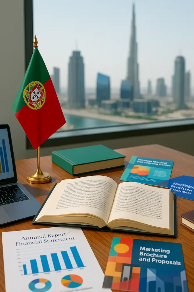 Multilingual Portuguese translation services in Dubai for various languages.