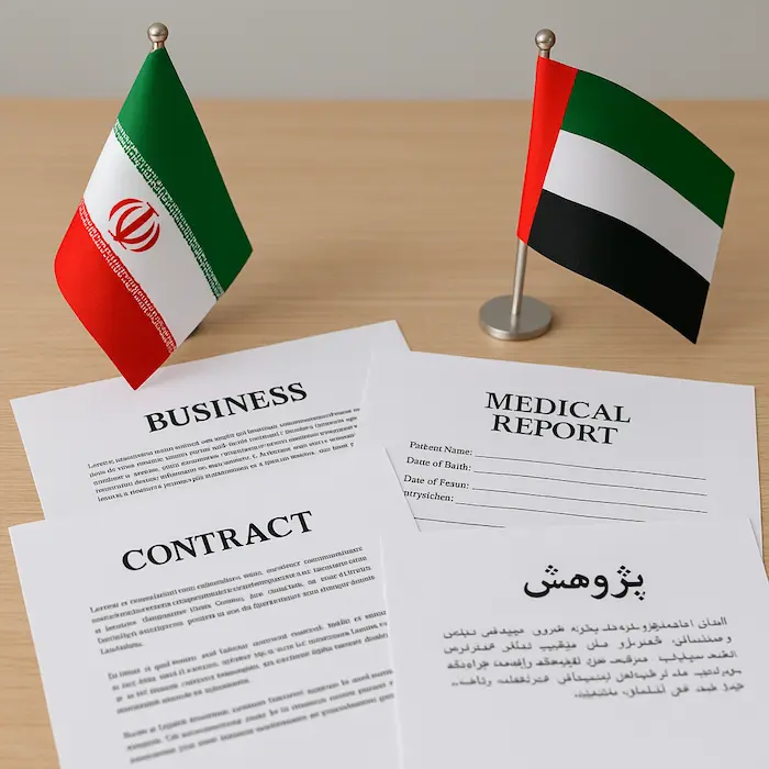 Professional Persian language translation documents prepared in a Dubai translation office