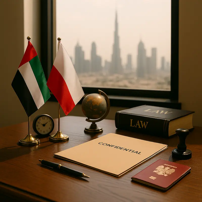 Professional Polish language translation documents prepared in a Dubai office