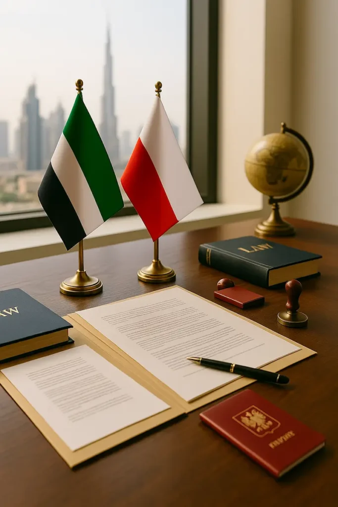 Professional Polish translation documents arranged in a Dubai translation office