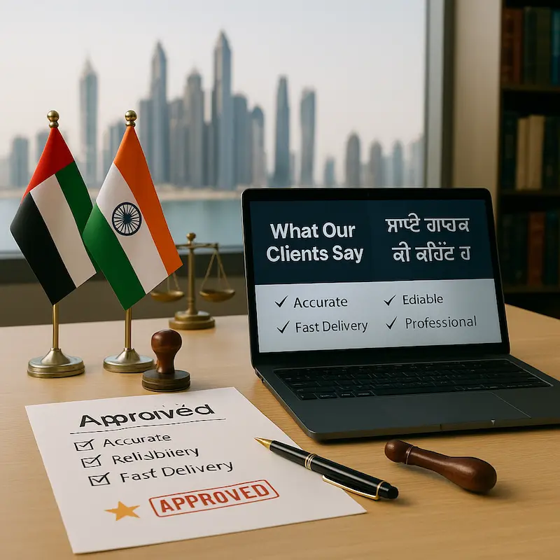 Professional Punjabi translators working with documents in a Dubai office