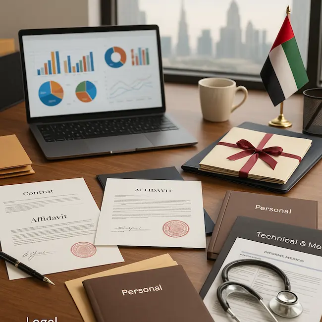 Professional Russian translators working with documents in a Dubai office