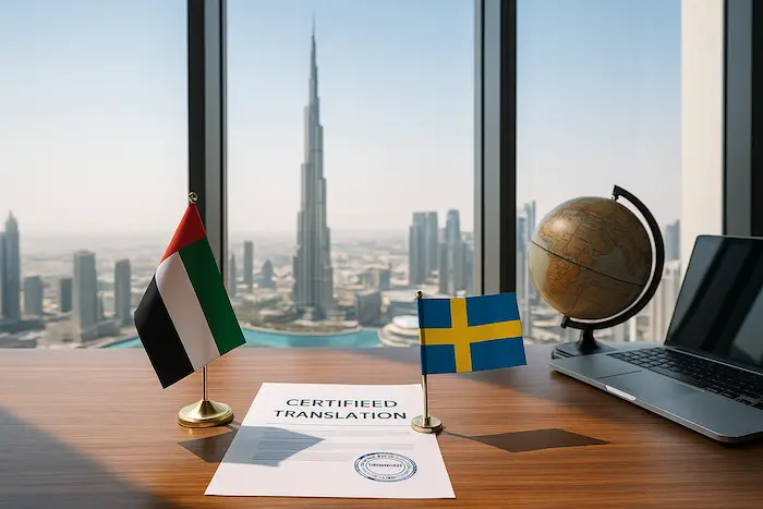 Professional Swedish translators working with documents in a Dubai office