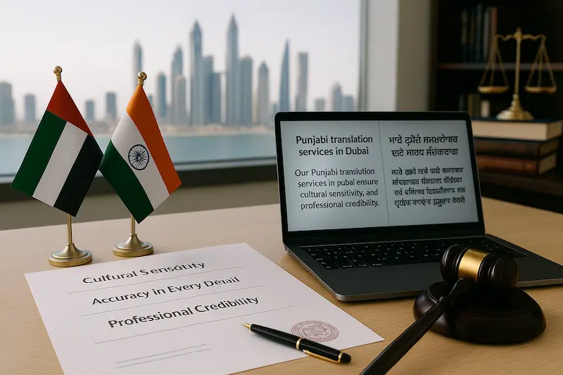 Professional Punjabi language translation documents prepared in a Dubai office