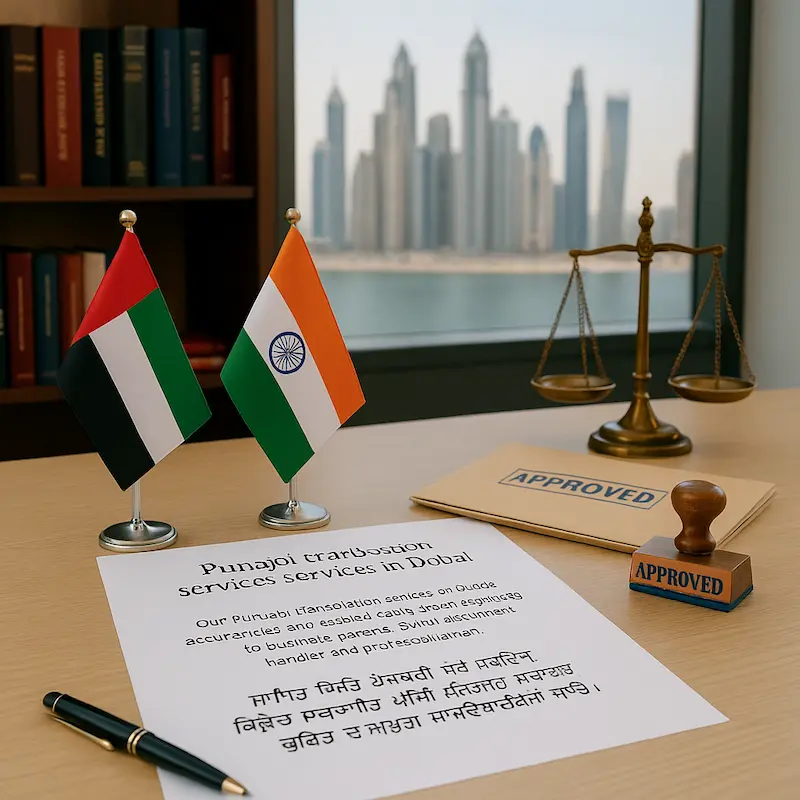 Professional Punjabi translation documents arranged in a Dubai translation office
