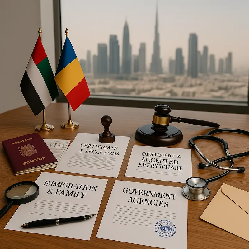 Romanian document translation paperwork prepared in a professional Dubai office