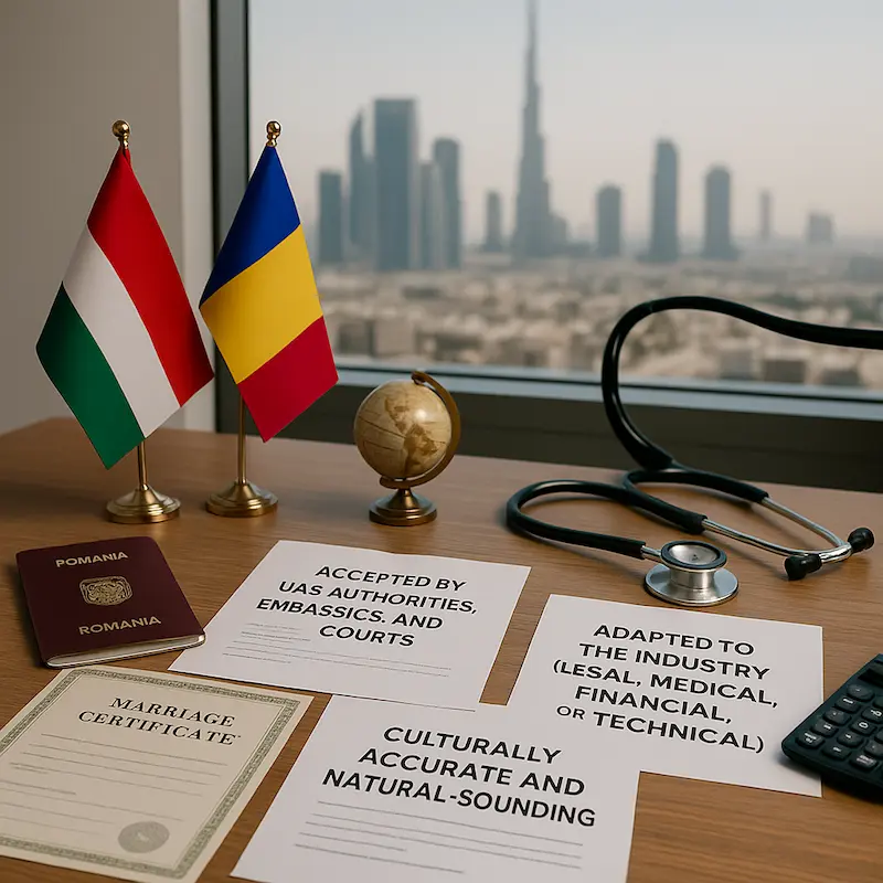 Professional Romanian language translation documents prepared in a Dubai office
