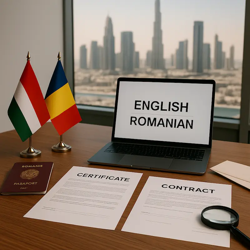 Professional Romanian translation documents arranged in a Dubai translation office