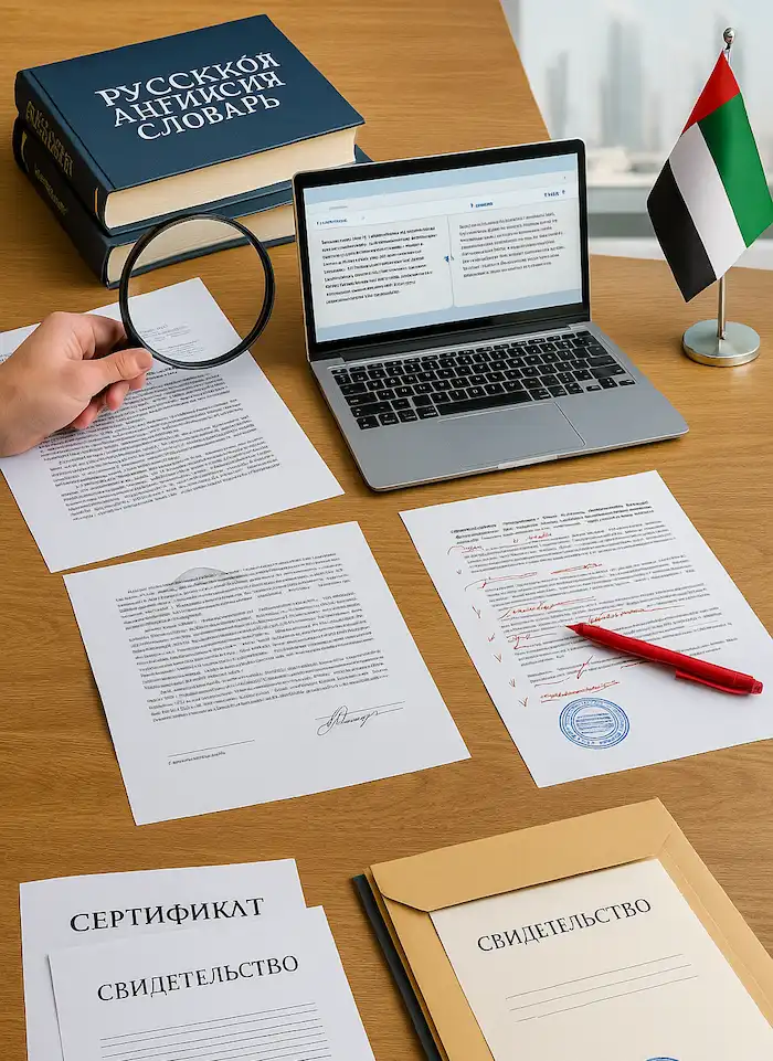 Russian document translation paperwork prepared in a professional Dubai office