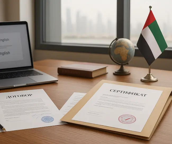 Professional Russian language translation documents prepared in a Dubai office