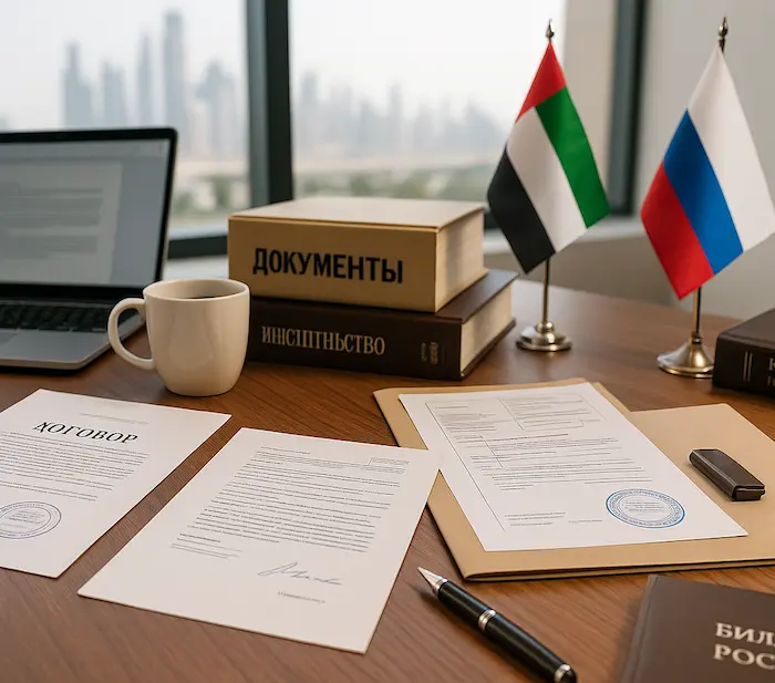 Professional Russian translation documents arranged in a Dubai translation office