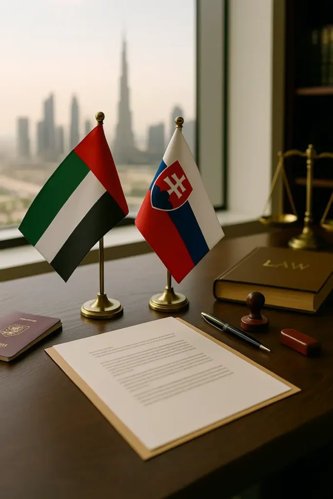 Professional Slovak translation documents arranged in a Dubai translation office