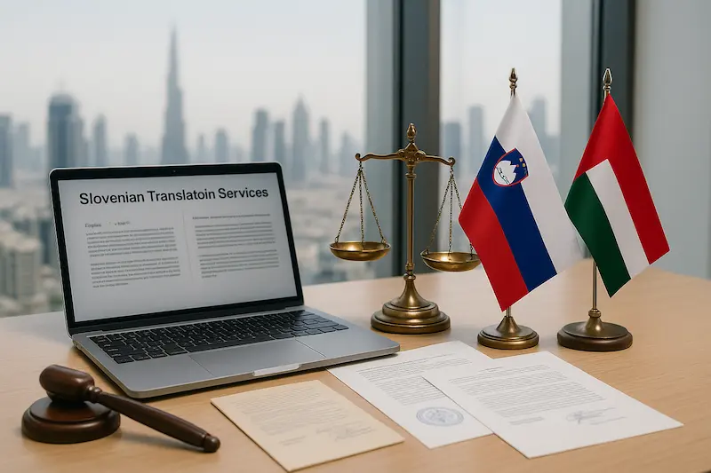 Professional Slovenian translation documents arranged in a Dubai translation office