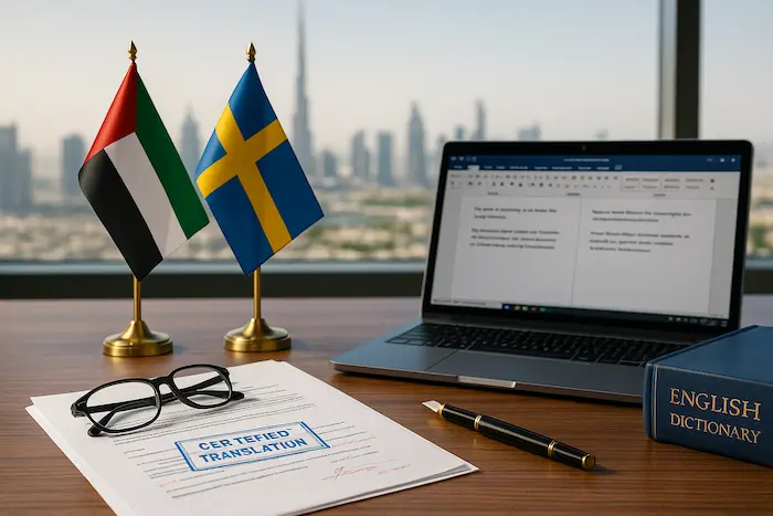 Swedish document translation paperwork prepared in a professional Dubai office