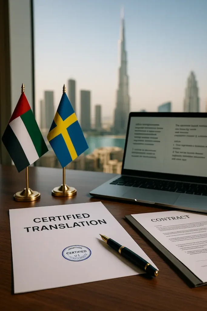 Professional Swedish language translation documents prepared in a Dubai office