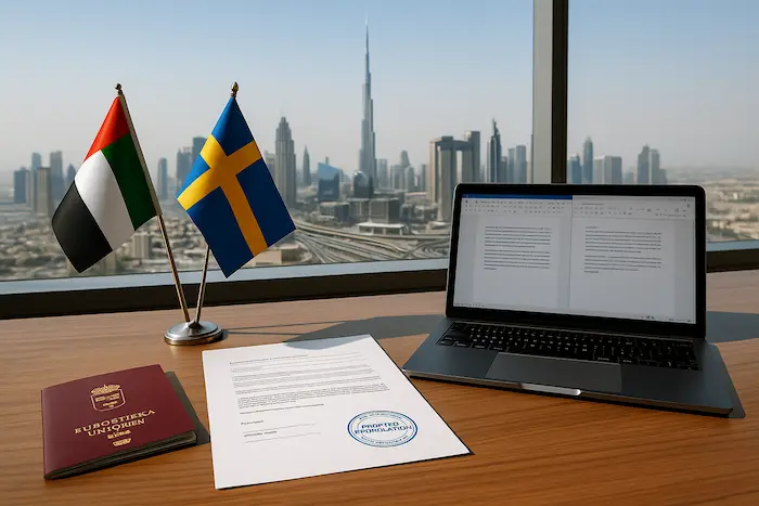 Professional Swedish translation documents arranged in a Dubai translation office