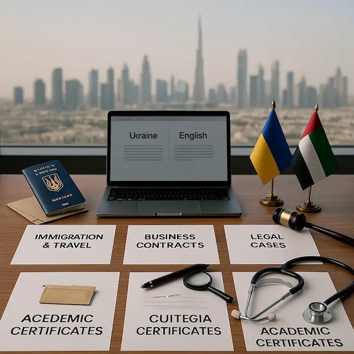 Ukrainian document translation paperwork prepared in a professional Dubai office