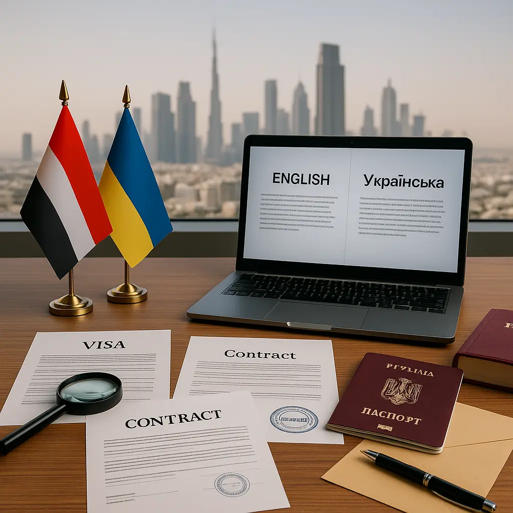 Professional Ukrainian language translation documents prepared in a Dubai office