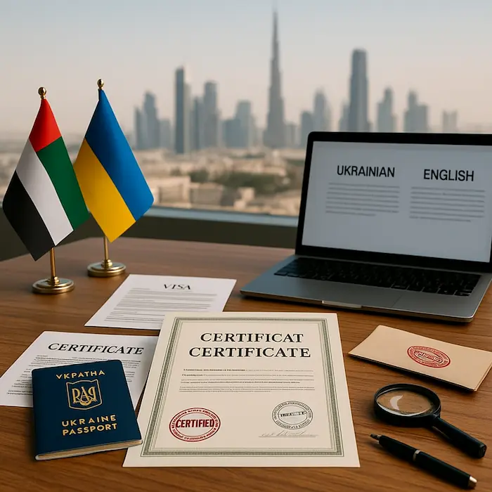 Professional Ukrainian translation documents arranged in a Dubai translation office