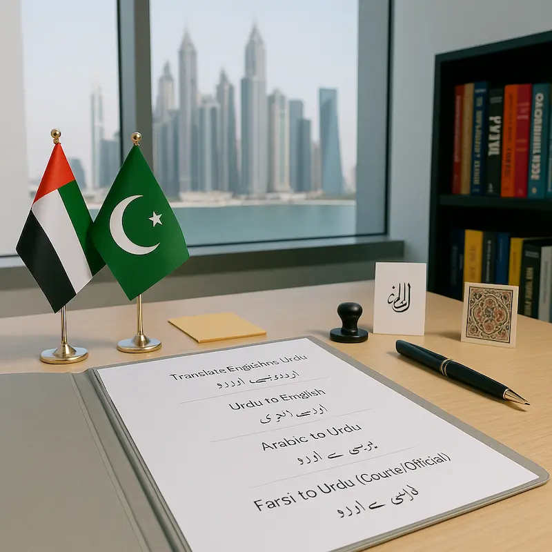 Urdu document translation paperwork prepared in a professional Dubai office