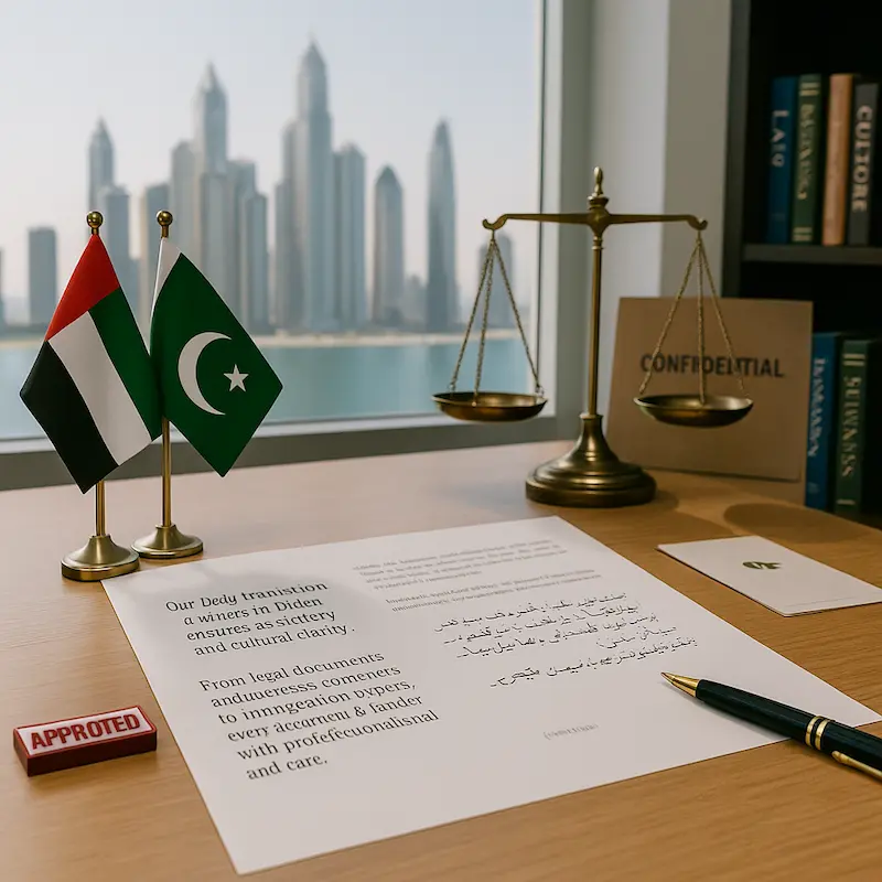 Professional Urdu language translation documents prepared in a Dubai office