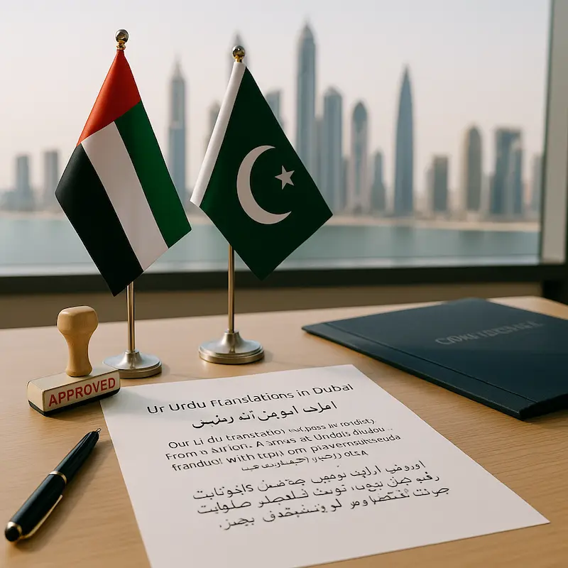 Professional Urdu translation documents arranged in a Dubai translation office