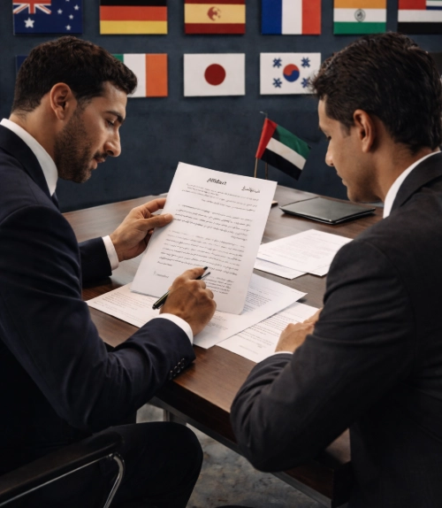 Professional affidavit translation services in Dubai with certified translator reviewing legal documents in a modern office setting