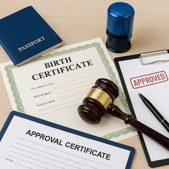 Approved birth certificate translation Dubai with professional translator reviewing official document and legal papers in office setting