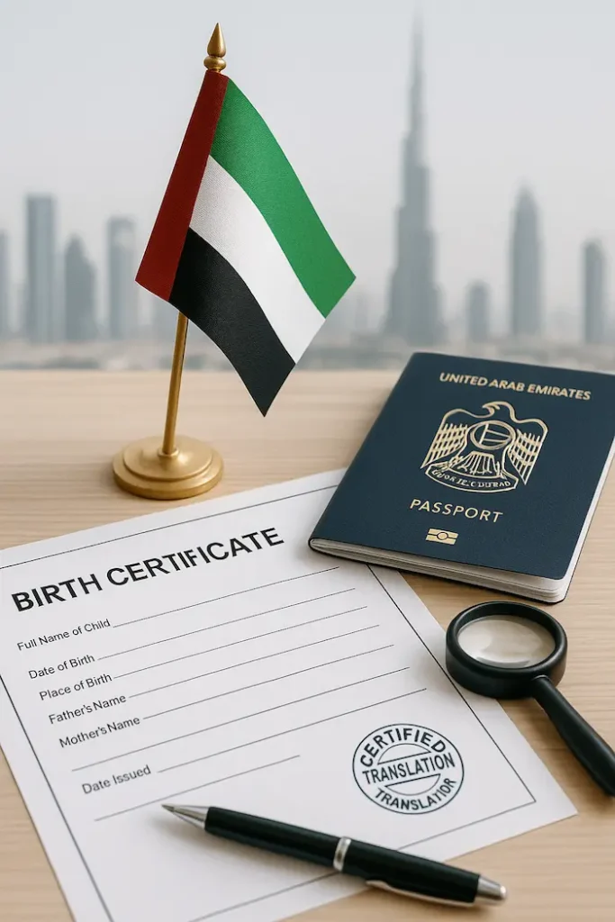 Birth certificate translation Dubai with professional translator reviewing official document in office setting