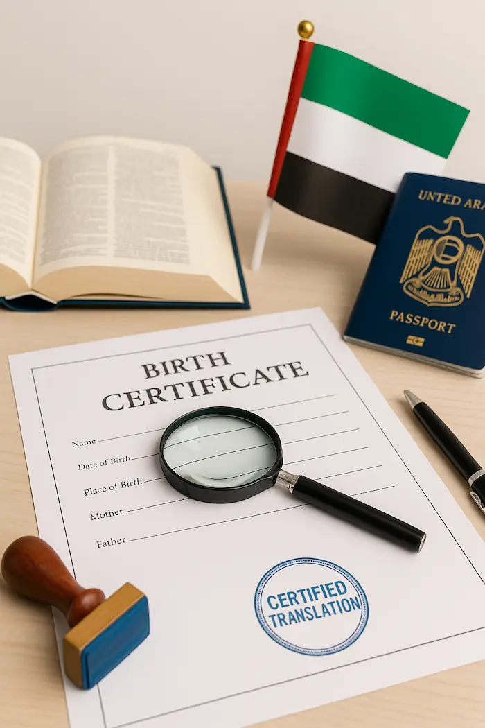 Certified birth certificate translation Dubai with professional translator reviewing official document in office setting