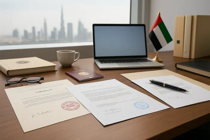 Certified document translation UAE with professional translator reviewing official papers in modern office setting