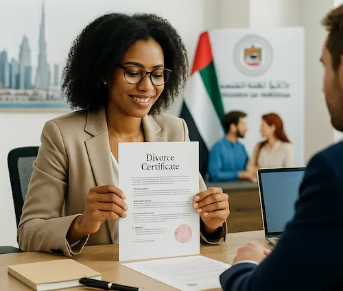 Certified divorce document translation in Dubai showing legal papers with Arabic and English text in a professional office setting